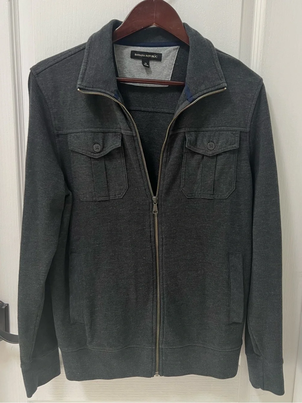 Banana Republic Mens Grey Full Zip Utility Jacket Ribbed Knit Button Pocket M